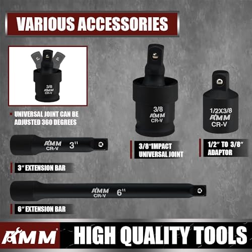 AMM 3/8" Drive Impact Socket Set, 48-Piece Standard SAE (5/16 to 3/4 inch) and Metric (8-22mm) Size, 3" and 6" Drive Extension Bar, Impact Universal Joint, 3/8" to 1/2" Impact Adaptor, CR-V - size: 3/8" Impact Socket Set