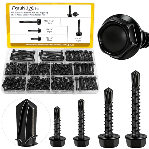170Pcs #8#10 Black Self Tapping Screws for Metal, #8x1/2'' 3/4'',#10x1'' 1-1/2'' Hex Washer Head Self Drilling Screws Assortment Kit, 410 Stainless Steel Sheet Metal Screw - size: 170pcs #8#10 Black
