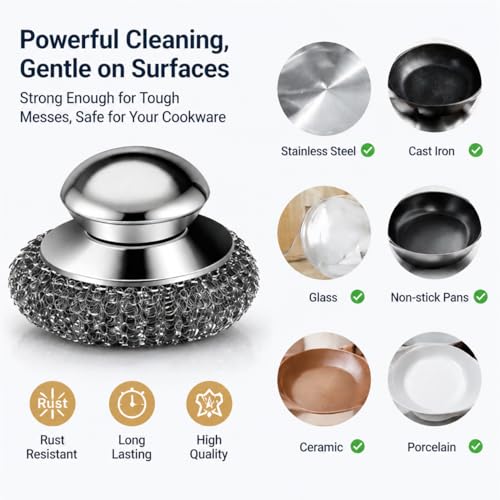 Steel Wool Scrubber, 6-Pack Stainless Steel Scrubber Pads with Handle - The Ultimate Scouring Solution for Rust, Stubborn Messes on Cookware, Grill, Oven & Kitchen Sinks - size: 2 Handle+4 Pads