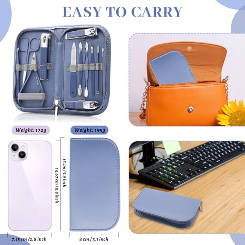 Manicure Set Professional Nail Clippers Pedicure Kit, 12 Pcs Stainless Steel Nail Care Tools Grooming Kit with Luxurious Travel Leather Case for Men Women Gift (Blue) - color: blue