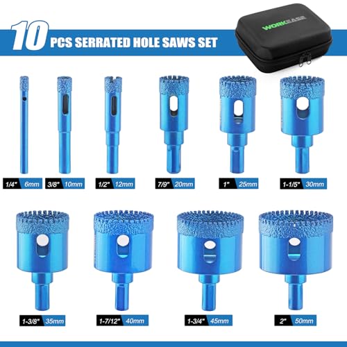 10 PCS Brazed Diamond Tile Hole Saw Set 6-50mm with EVA Guide Jig | for Ceramic Tile, Glass, Granite, Marble, Dry & Wet Cutting, Includes Storage Bag