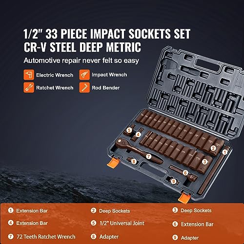 VEVOR Impact Socket Set 1/2" Drive, 33-Piece SAE (3/8 to 1 inch) & Metric (10 to 24 mm) Size, CR-V, 6 Point Standard Deep Socket Set with Extension Bar, Universal Joint, Adapter, Reducer - size: 1/2" 33 PCS