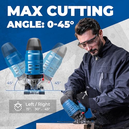 Dong Cheng 20V Brushless Cordless Jigsaw, 26mm Stroke, 800-3500 SPM Variable Speed, 4 Orbital Action, 0-45° Bevel Cut, Tool-Free Blade Change, LED Light, Dust Blower (Battery & Charger Not Included) - style: Bare Tool