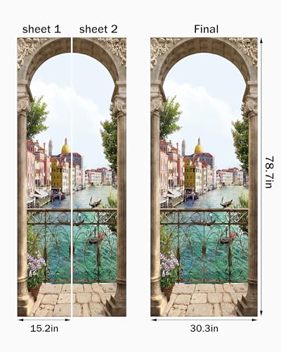 FLFK Door Mural Sticker - Italian Water City,Peel and Stick,Combined Size 30.3"x78.7",Split into 2 Pieces - color: Mt1095, size: 30.3"x78.7"