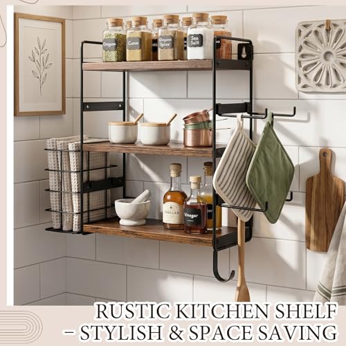 Nuanchu 3-tier Wall Mounted Hair Dryer Holder, Adjustable Wood & Metal Hair Tool Organizer with Detachable Basket & Side Hooks, Rust-resistant for Bathroom Vanity, Kitchen, Toiletries (Rustic Brown)