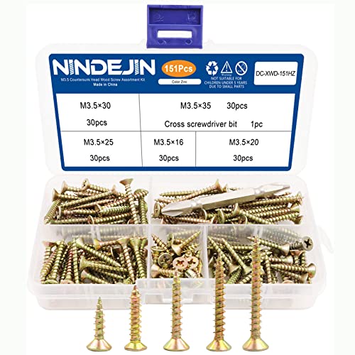 NINDEJIN 151 pcs M3.5 Flat Head Self-Tapping Screws with Yellow Zinc Plated | Carbon Steel, Features A Full-thread Design, Easy to Screw into the Wood, Anchor,for Metal Sheets, Fiberboard, Wooden Boards