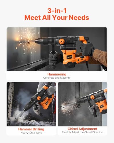 VEVOR 1-9/16 Inch SDS-Max Rotary Hammer Drill, 13Amp Corded Drills, Heavy Duty Chipping Hammers w/Vibration Control & Safety Clutch, Electric Demolition Hammers Variable Speed, Power Tool For Concrete - size: 1-9/16 in