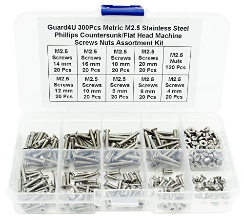 300Pcs Metric M2.5 Stainless Steel Phillips Countersunk/Flat Head Machine Screws Nuts Assortment Kit- M2.5X 4mm/ 6mm/ 8mm/ 10mm/ 12mm/ 14mm/ 16mm/ 18mm/ 20mm - size: M2.5