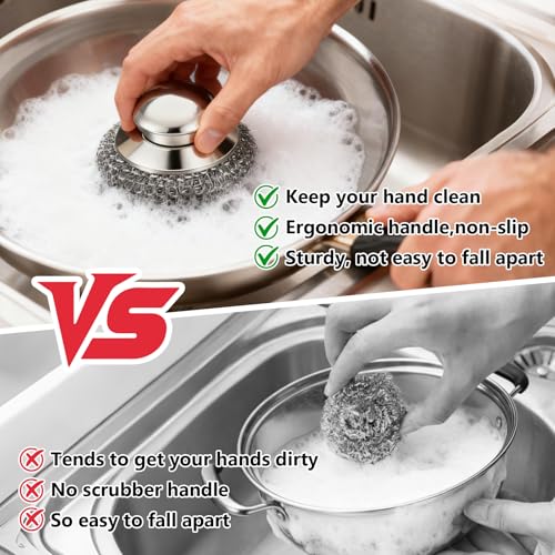Steel Wool Scrubber, 4-Pack Stainless Steel Scrubber Pads with Handle - The Ultimate Scouring Solution for Rust, Stubborn Messes on Cookware, Grill, Oven & Kitchen Sinks - size: 1 Handle+3 Pads