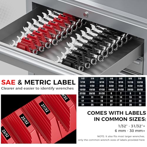 PINOZE 48PCS Magnetic Modular Wrench Organizers for Tool Drawers - Black & Red - Wrench Rack with Metric & SAE Labels, Customizable Magnet Tool Storage Holder for Tool Box Organization