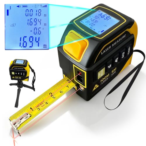 4 in 1 Laser Tape Measure, Digital Measuring Tape with 328ft Laser Measuring Tool & 16ft AutoLock Tape, Cross-Line Laser Level, Rechargeable for DIY Home Construction