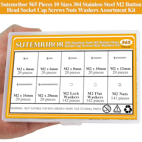 565 Pieces M2 Screws Nuts Washers Set, Sutemribor M2 x 4/6/8/10/12/16/20mm Button Head Socket Cap Screws Nuts Washers Assortment Kit, 304 Stainless Steel, Fully Threaded - size: M2, style: Button Head Socket Cap
