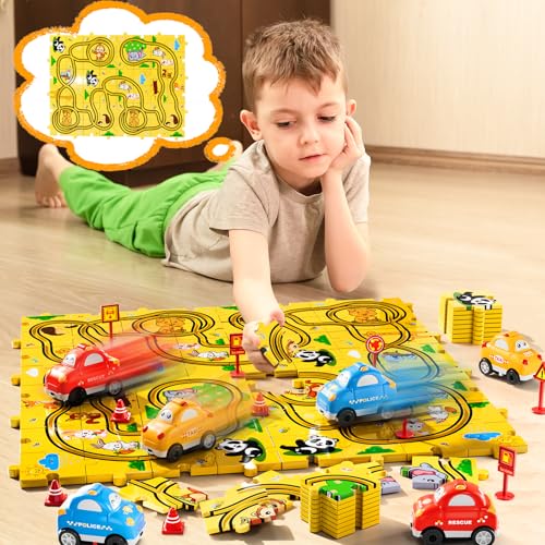 Beby Buty 64PCS Puzzle Race Cars Track Set Toys for Kids, Puzzle Racer Kids Car Track Set Ages 3-5 4-6, Toys Gifts for 3 4 5 Year Old Boys, 3 4 5 Year Old Boys Ideal Gift - style: 64 PCS Animal Theme