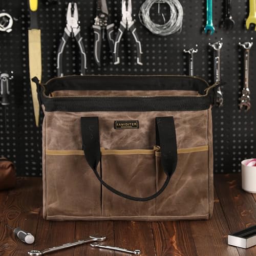 Tool Bag, 15-inch Heavy Duty 16oz Waxed Canvas Wide Mouth Water-Resistant Tool Bag, Tool Tote with Handle for Tools, Wrenches, Screwdrivers (15 X 7.8 X 11.5 inch) | Grey - color: Grey, size: 15 Inch