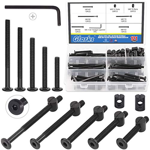 Glarks 120Pcs M6x40/50/60/70/80mm Black Hex Socket Cap Bolt Screws and Barrel Nut Assortment Kit for Crib Baby Bed Cots Furniture