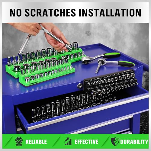 SWANLAKE 4-Piece Magnetic Socket Organizer Set, Metric & SAE Socket Holder Set Includes 1/4", 3/8" Drive Sockets Trays, Magnetic Sockets Organizer for Tool Box Drawer - style: 4PCS Green/Black