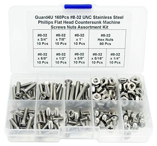 160Pcs #8-32 UNC Stainless Steel Phillips Flat Head Countersunk Machine Screws Nuts Assortment Kit- #8-32x 1/4" 5/16" 3/8" 1/2" 5/8" 3/4" 7/8" 1" - size: #8-32