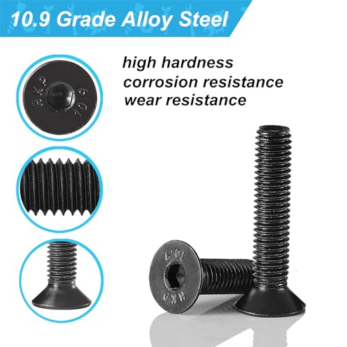 M6 x 20mm 25mm 30mm 35mm 40mm Flat Head Hex Socket Cap Screws Countersunk Bolts, 10.9 Grade Alloy Steel, Black Oxide Finish, Metric Allen Drive, Fully Threaded, Assortment Kit 50Pcs - size: M6 x 20/25/30/35/40 mm