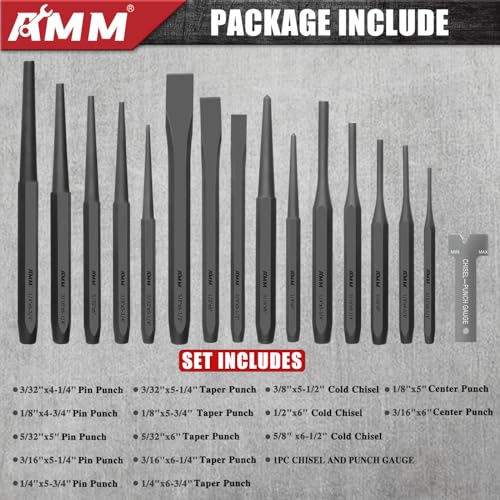 AMM 16PC Heavy Duty Punch Chisel Set, Cr-V for Metal Wood Automotive - size: 16PC