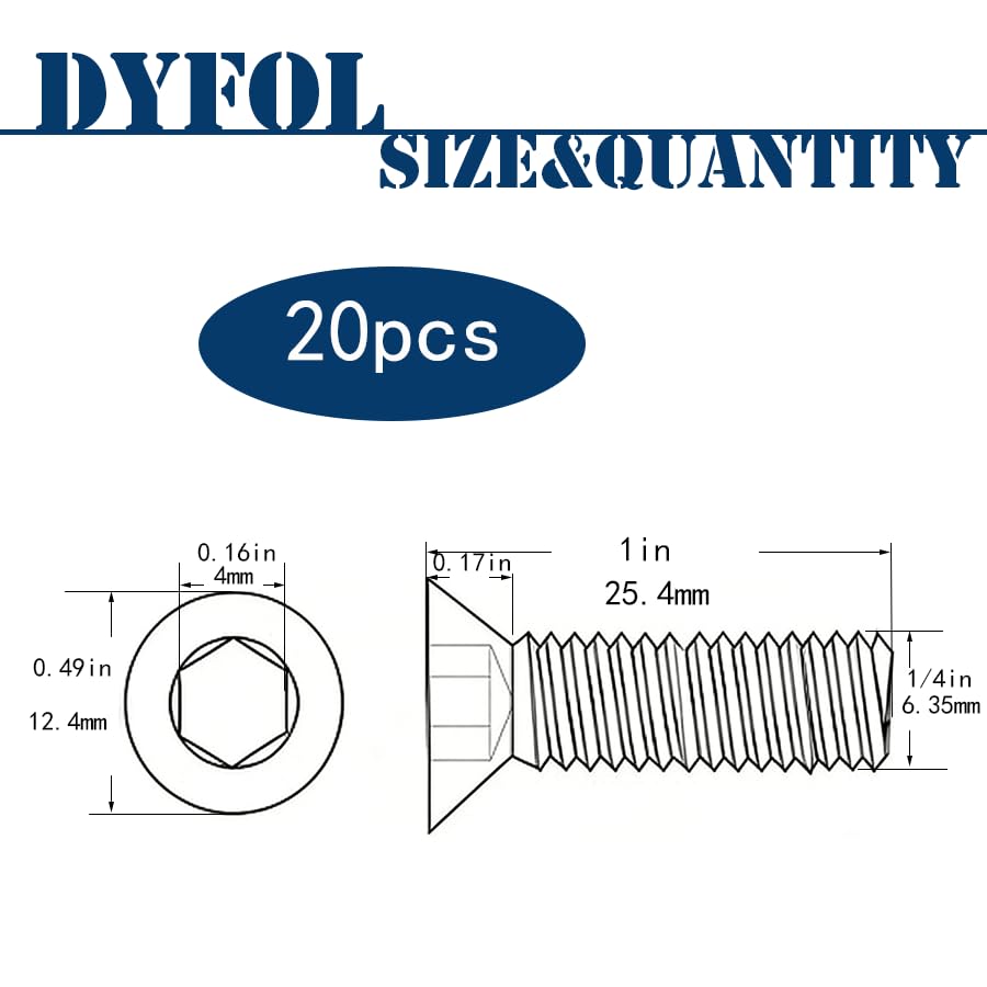 20Pcs 1/4"-20x1 Flat Head Socket Cap Bolts Screws,304 Stainless Steel 18-8, Allen Hex Drive, Bright Finish,Fully Threaded by DYFOL (1/4"-20x1in 20pcs) - size: 1/4"-20×1