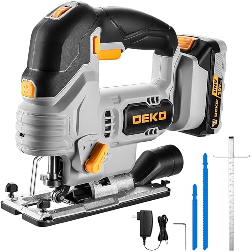 Jig Saw Cordless Electric Tool: DEKOPRO 20V Power Jigsaw with LED Light, 800-3000 RPM Variable Speed, 7/8" Stroke Length, 3 Orbital Settings, ±45° Bevel Cuts for Straight/Curve/Circle Cutting (Gray)