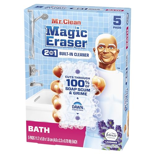 Mr. Clean Magic Eraser Sponge, Bathroom Cleaner, Shower Cleaner, Tub Cleaner, Soap Scum Remover, Bathroom Cleaning Supplies, Dawn Cleaning Power with Febreze Lavender Scent, 5ct - size: 5 Count (Pack of 1)