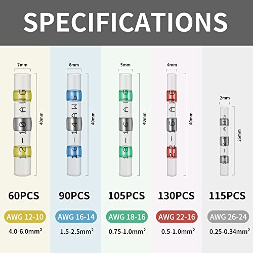 500Pcs Solder Seal Wire Connectors Kit, Heat Shrink Wire Connectors Waterproof Electrical Cable Butt Terminals for Marine Automotive Trailer RV Boat Truck Wiring - style: Assortment Kit