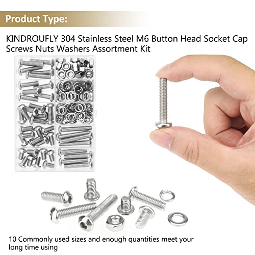 148 Pieces M6 x 10/12 /16/20 /25/30 /35mm Button Head Socket Cap Screws Nuts Washers Assortment Kit, 304 Stainless Steel, Fully Machine Thread - size: M6, style: Button Head