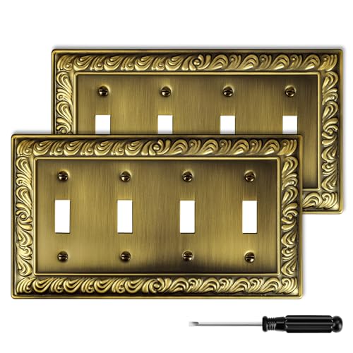 2 Pack Antique Brass Decorative Wall Plate, Quad Toggle Light Switch Cover - size: 4 Gang Quad Toggle