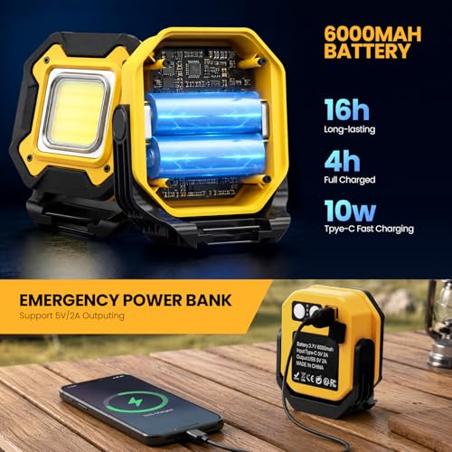 Rechargeable Magnetic Work Light for Repair Mechanic, 6000mAh 2Pack - color: Yellow