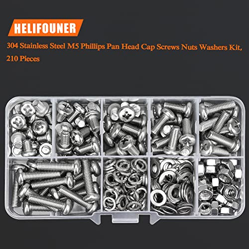 HELIFOUNER 210 Pieces M5 x 6mm /8mm /10mm /12mm /16mm /20mm, Phillips Pan Head Machine Screws, Metric Screws Bolts Washers Nuts Kit, 304 Stainless Steel - size: M5