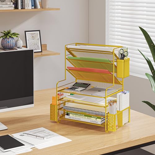 Simple Trending 7 Tier Desk File Organizer, Letter Tray Paper Organizer with Pen Holder and Metal Hanging Basket, Gold - color: Pen Holder Gold