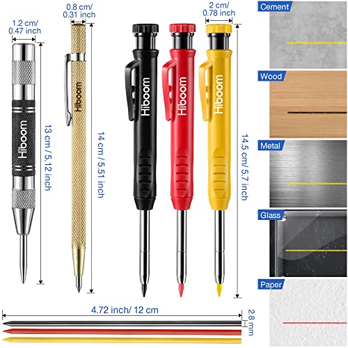Hiboom 8PCS Carpenter Pencil Set with Sharpener, Mechanical Carpenter Pencils with 18 Refill, Automatic Center Punch and Carbide Scribe Tool for Architect Construction Woodworking
