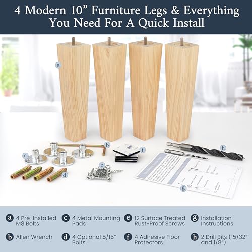 Airy Abode Premium Ash Wood Square Furniture Legs (Full Install Kit) - Pick Your Size and Color - color: Natural Ash Wood, size: 10 Inches