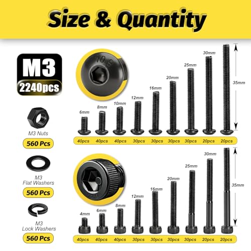 KADRICK 2240PCS M3 Screw Assortment,Hex Socket Button & Cap Head M3 Screws - size: M3 2240Pcs 4-35mm