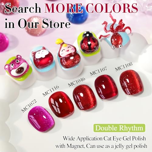 Double Rhythm Jelly Glass Cat Eye Gel Polish with Magnet 15ML Holographic Glitter Shimmer Translucent Sheer Color Magnetic Nail Polish Salon DIY at Home (Red-MC1116) - color: Glass Red