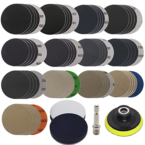 65pcs Sandpaper 3Inch Sanding Disc 60-10000 Grit Wet Dry Sandpaper with M10 Backing Pad,2pcs Interface Pad for Wood Metal Mirror Jewelry Car Polishing Headlight Cleaner Set - style: 3inch-65pcs