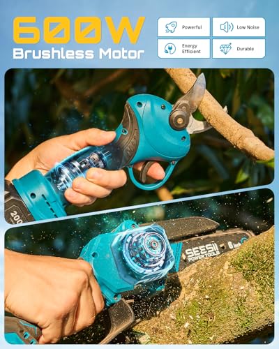 SEESII 2-in-1 Mini Chainsaw & Pruning Shears Combo, Brushless Motor - color: Navy Blue