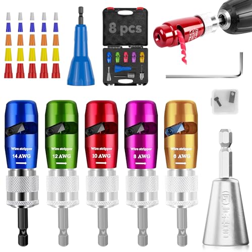 Mriykio Wire Stripper Tool & Wire Twister Tool for Drill, 6-14 AWG, 8-in-1 Electrician Tools Kit, Fits 1/4" Hex Drills, Wire Stripper for Drill with Storage Case, for Electricians & DIY Users