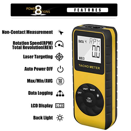 Photo Tachometer Non-Contact 7.0-99,999 RPM Speed Meter, AIOMEST Laser Automotive Speedometer, Tach Gauge Tester Measure RPM for Car Truck Motorcycle Engine Lawn Mower with Data Logging AI-9235C - color: yellow