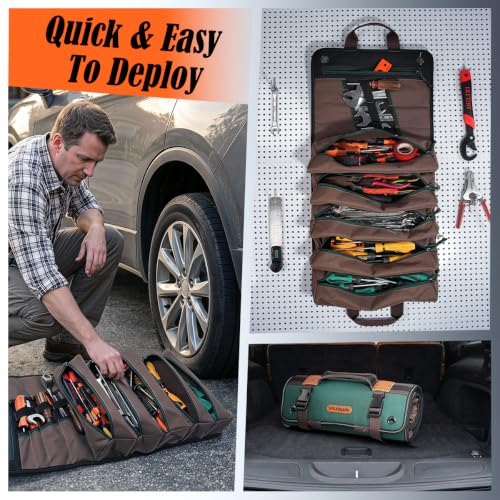 WELKINLAND 15-Pocket Tool Roll - Heavy-Duty, Green-RipStop, 15L Capacity