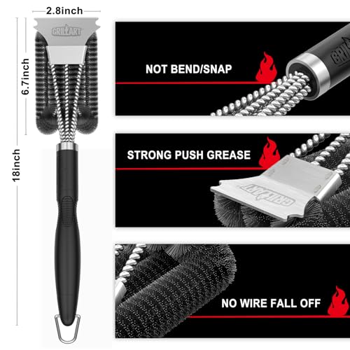GRILLART Grill Brush, 18'' Extra-Strong Handle, BBQ Cleaner with Scraper