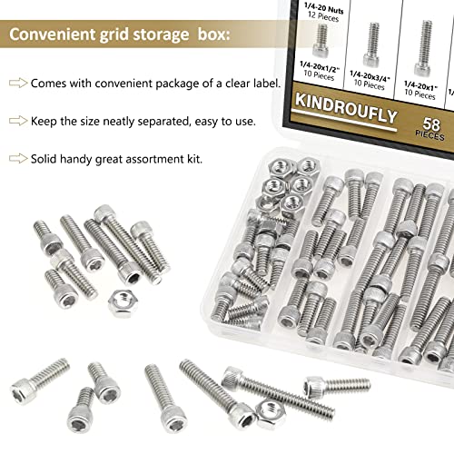58 Pieces 1/4-20 x 1/2", 3/4", 1", 1-1/4", 1-1/2", Hex Socket Head Cap Screws Nuts Assortment Kit, 304 Stainless Steel, Fully Machine Thread - size: 1/4"-20, style: Socket Head