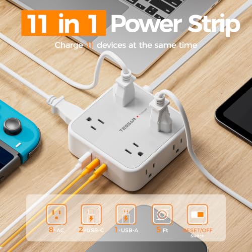TESSAN Surge Protector Power Strip with 900J Surge Protection, 5 Ft, Grey - color: Grey with 2 USB C, size: 5 feet