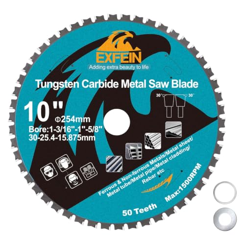 10 Inch 50T Metal Circular Saw Blade - EXFEIN Tungsten Carbide Tipped Saw Blade Arbor 1-3/16" for Metal Sheet or Pipe, Angle Iron, Rebar, Ferrous Metals, Non-Ferrous Metals - size: 10"