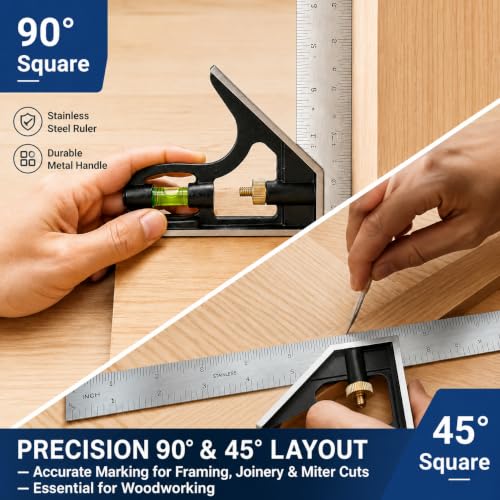 12 Inch Combination Square – Adjustable Carpenter Square with Stainless Steel Ruler, Aluminum Head, Bubble Level & Scriber – Metric/Inch Scale, 90° & 45° Layout Tool for Woodworking, Framing & DIY