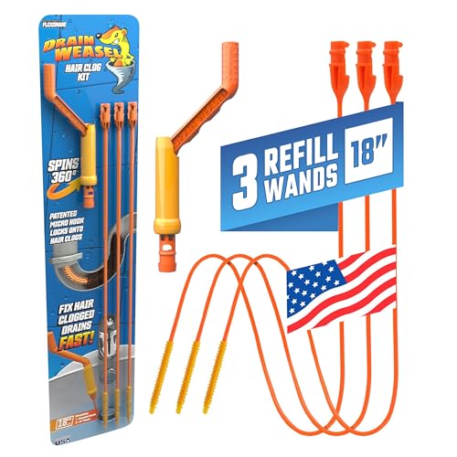FlexiSnake Drain Weasel Sink Snake Hair Clog Remover Tool Kit, 3 Wands