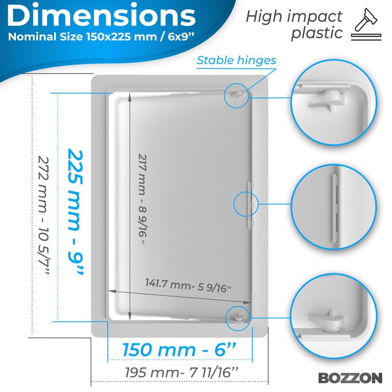 BOZZON Access Panel for Drywall - 6 x 9 in - Wall Hole Cover - Access Door - Plumbing Access Panel for Drywall - Heavy Durable Plastic White - size: 6 x 9