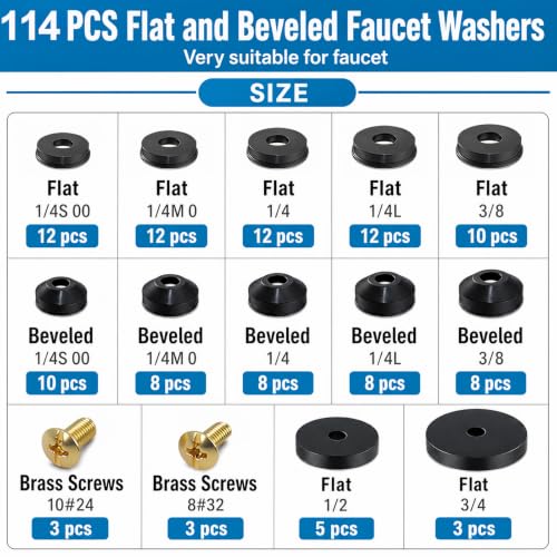 ZDBB 106 pcs Flat and Beveled Faucet Washers and Brass Bibb Screws Assortment for Use with Assorted Quick-Opening Style Faucets Stem Worn Out Washer Replacements Black - size: 106 PCS
