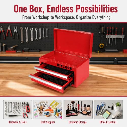 KITLUCK Mini Metal Tool Box, 2-Drawer Top Chest with Ball Bearing Slides, PVC Linerst, Durable Cold Rolled Steel Small Tool Organizer for DIY Home Office Multi-Purpose Storage,Red - color: RED
